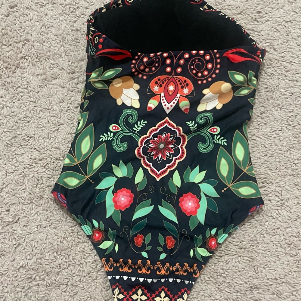 Floral One Piece Swimsuit - Black, Red, Green - Picture 2 of 3